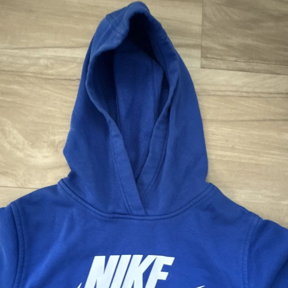 Nike Blue Pullover Hoodie Unisex Kids M White Logo Hooded Pockets